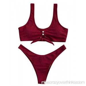 ZAFUL Womens Tie Knot Front Ribbed High Cut Thong Two Piece Bikini Set Padded Swimsuit Wine Red B07MNY5CKF
